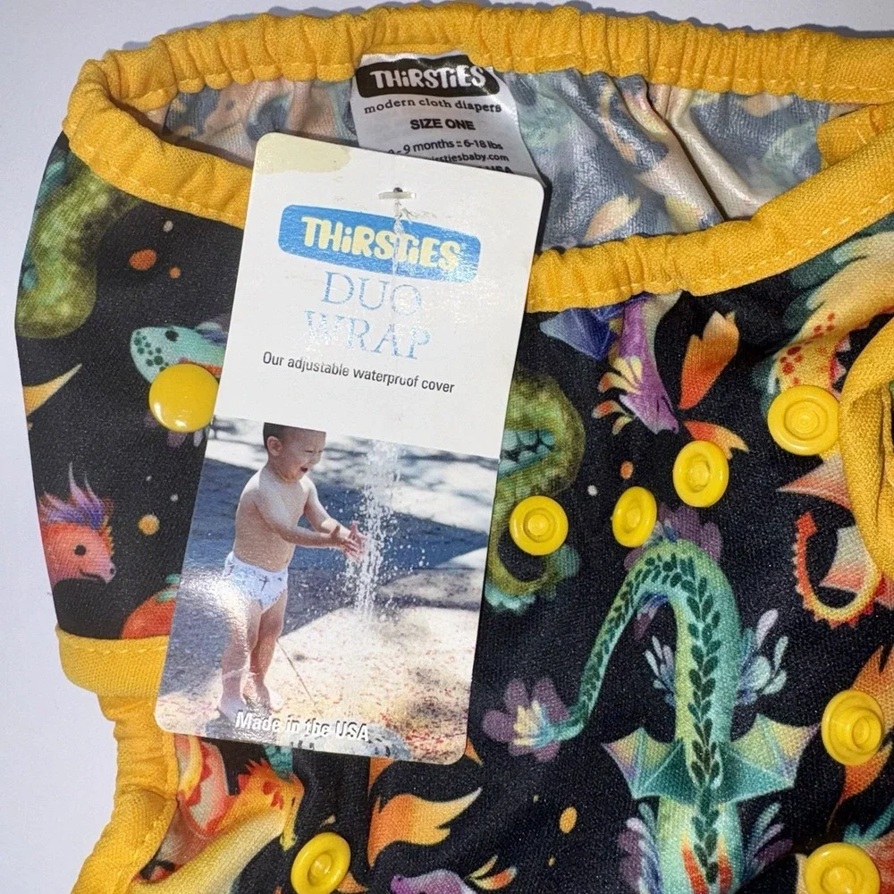 Thirsties Baby Cloth Diaper & Waterproof Cover New Dragon Colorful 0-9 Mos